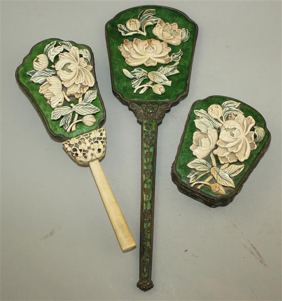 A Chinese enamel on copper and ivory mounted three piece dressing table set,